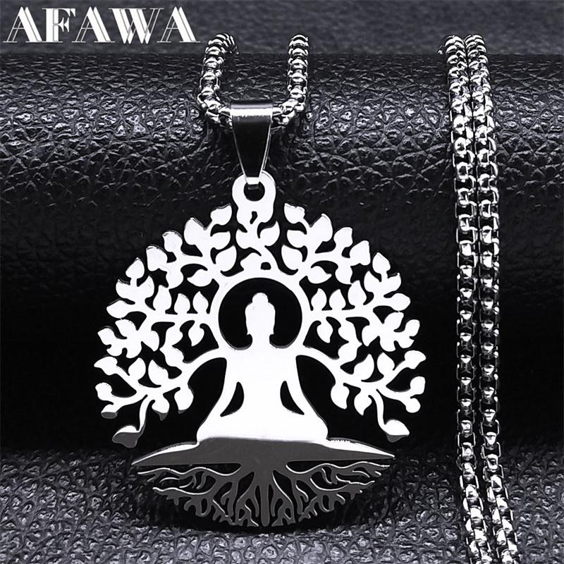 Buddhism Meditation Buddha Yoga Pendant Necklace Stainless Steel Tree of Life Necklace Buddhist Jewelry collares para mujer