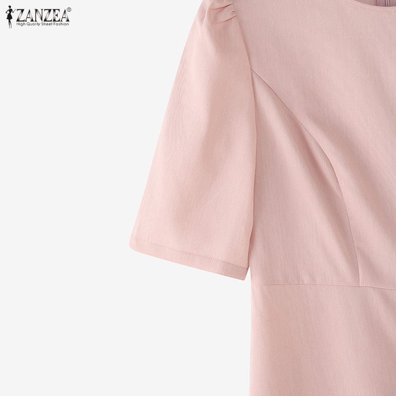 ZANZEA Women Casual Round Neck Elegant Summer Short Sleeve Dress