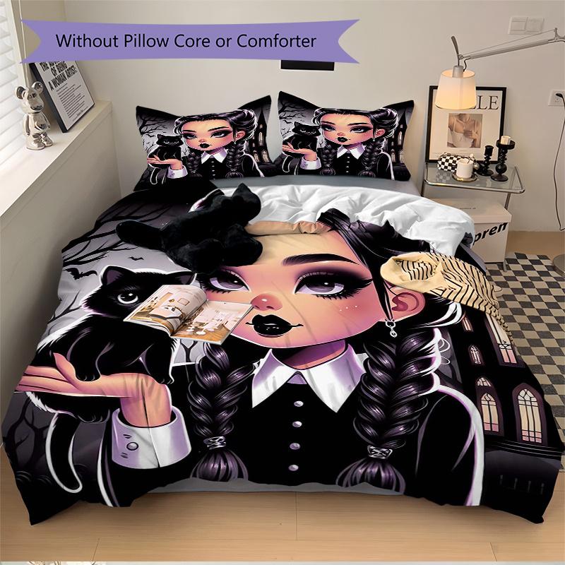 3pcs Dark Elegance Addams Printed Duvet Cover Set (1 * Cover+2 * Pillowcase, Without Core), Suitable for Home Bedroom, Guest Room, Dormitory Deco