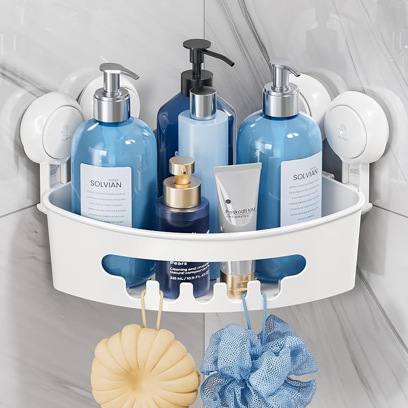 TAILI Corner Shower Caddy with Suction Cups, Wall Mounted Organizer Plastic Rack for Small Bathrooms, Kitchen, Removable Drill-Free Heavy Duty Shelf 1 Tier