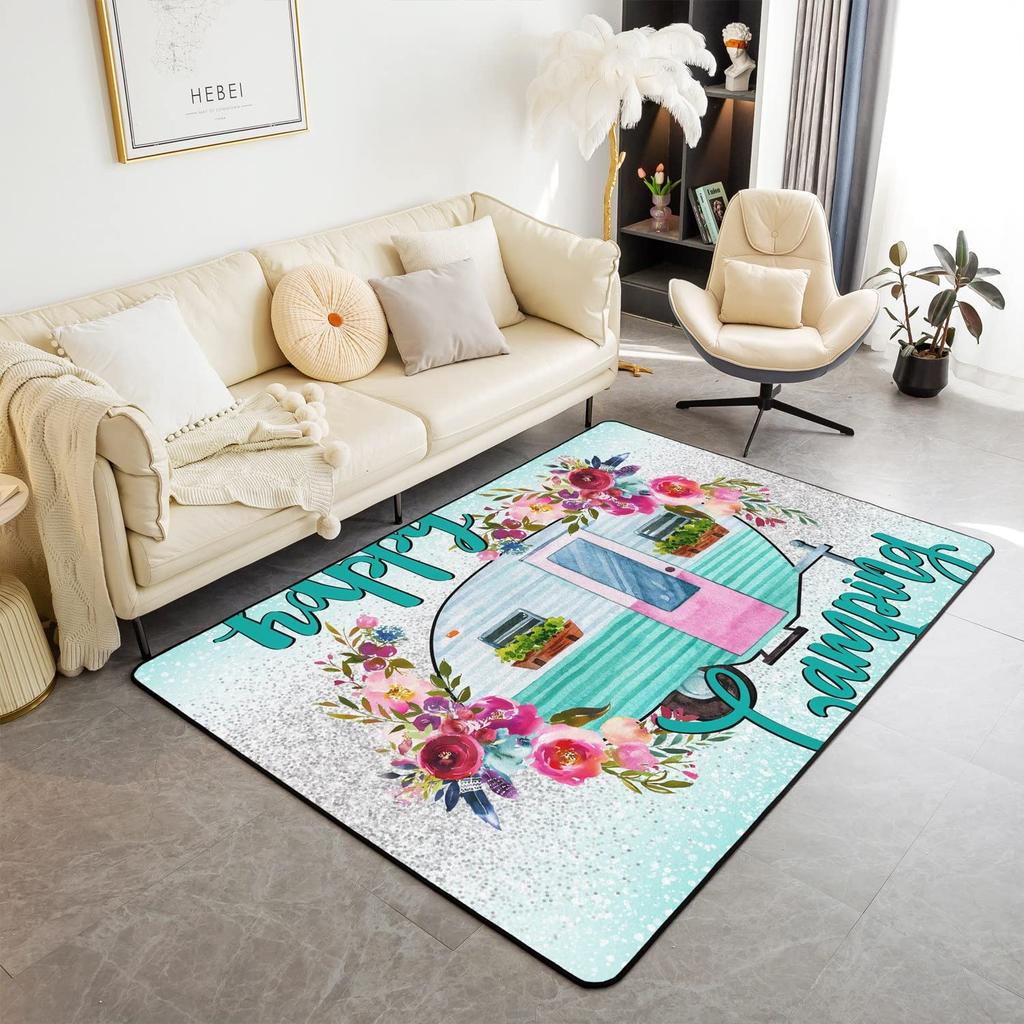Happy Camping Living Room Rugs,Rv Car Area Rug,Vintage Farmhouse Style Non Slip Carpet, Camper Indoor Floor Mat for Travel Lover