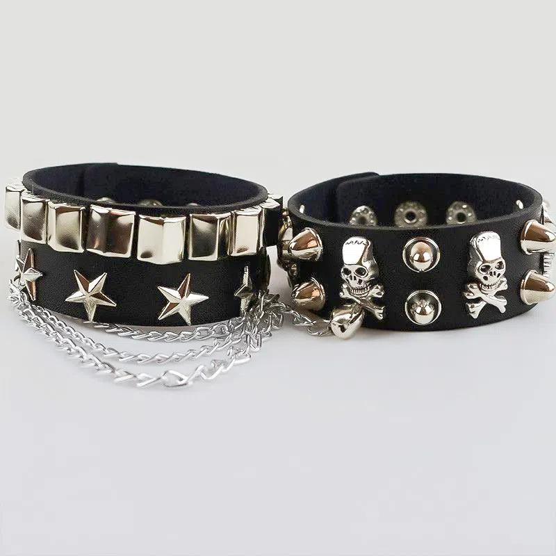 Punk Gothic Skull Bracelet Chains Metal Spikes Rivet Pu Leather Wristband Cuff Bangle Wide Cuff Bracelet Women Men Jewelry