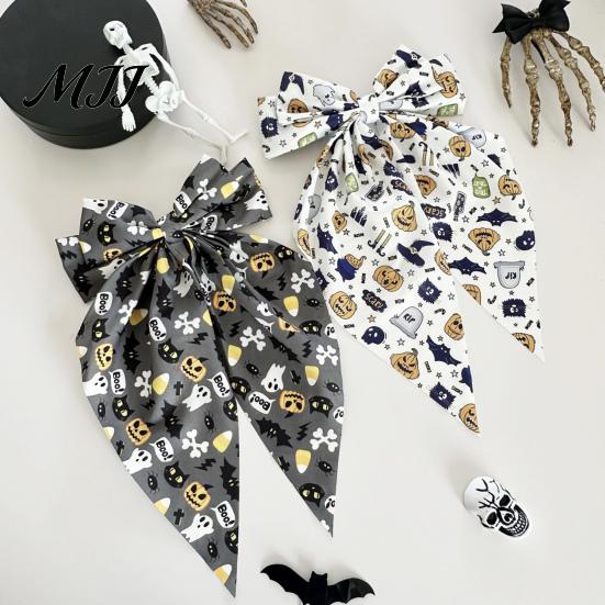 Bat Theme Hair Decoration Halloween Silky Satin Bows, Big Ribbon Bow Clips, Oversized Dynamic Long Tail Barrettes, Cute Accessories for Women