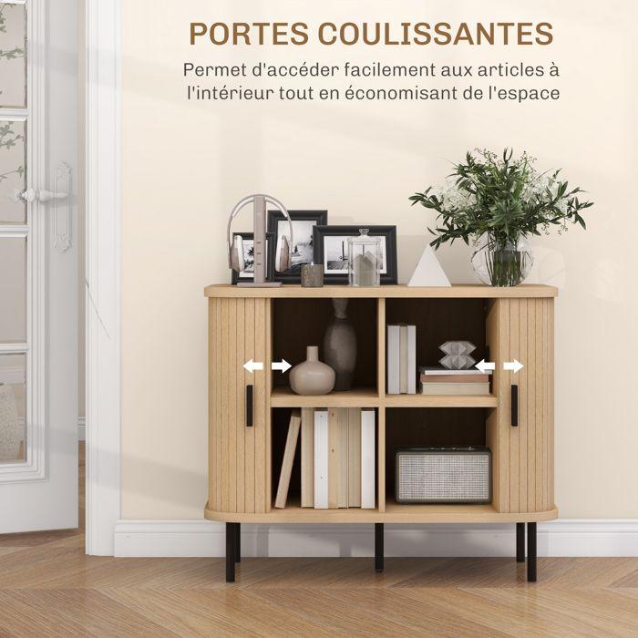 Buffet HOMCOM meuble de rangement avec portes coulissantes à lattes, armoire de cuisine avec pieds en acier, ton chêne