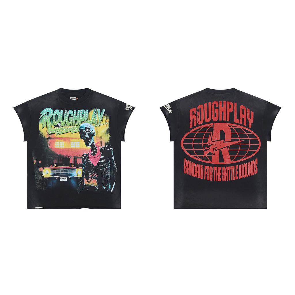 RoughPlay Cross-border European and American Street Tide Brand Hot Diamond Short-sleeved T-shirt Men and Women Versatile Street Hip-hop Heavy Cotton