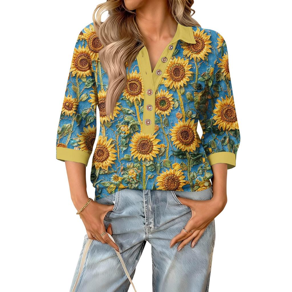 Damen modisches und lässiges Sommer V-Ausschnitt Patchwork Dreiviertelarm Blumenoberteil
