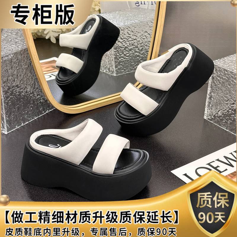 Real soft leather thick-soled women's sandals summer versatile muffin thick-soled and light, small people increase their height with one pedal