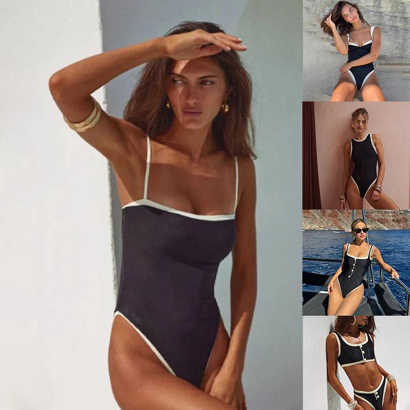 European & American Plus Size Women's Black and White Colorblock One-Piece Swimsuit - Sexy Cross-Border Triangle Bikini.