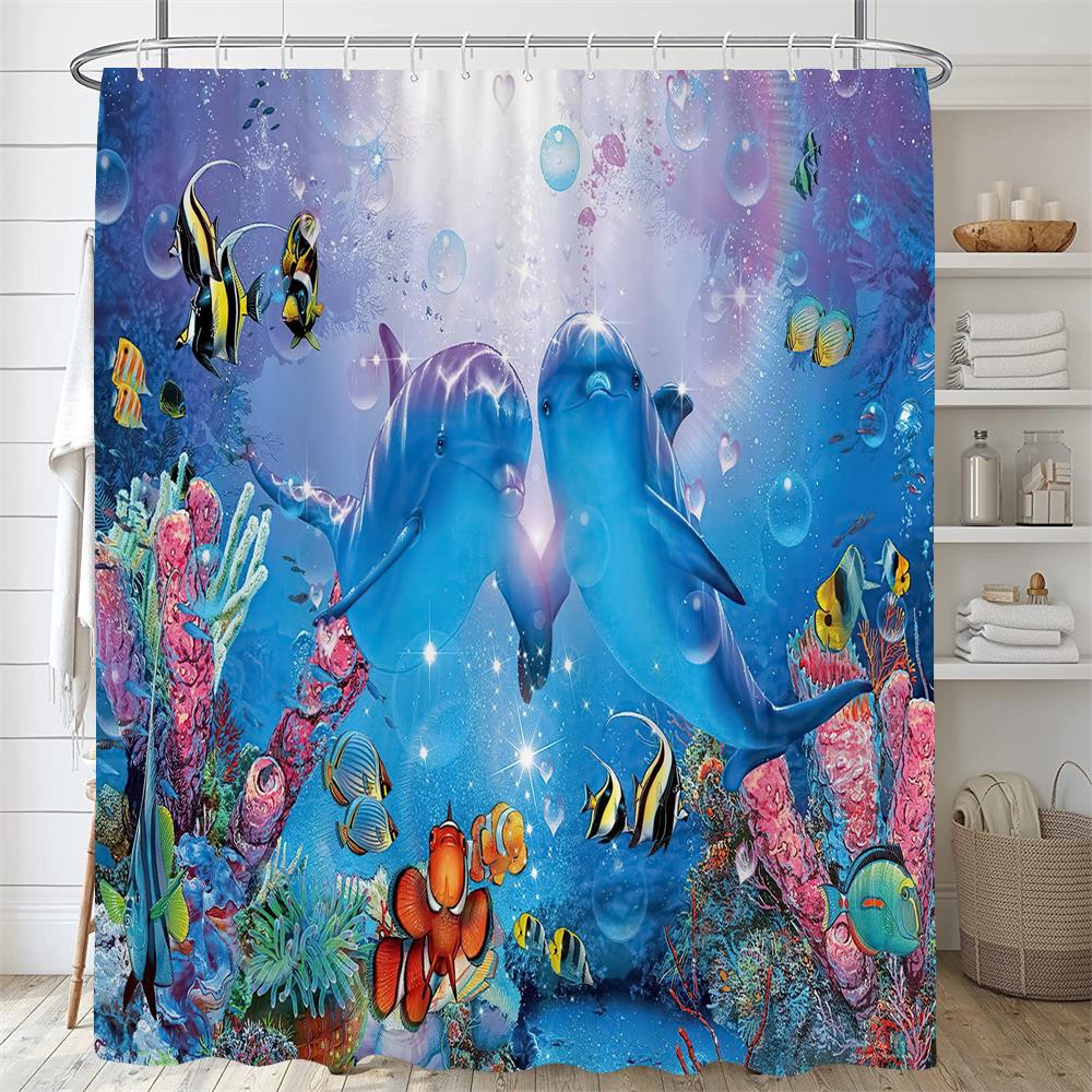 1PC Dolphin Shower Curtain Blue Ocean Biological Polyester Fabric Children's Ocean Theme Bathroom Decoration Shower Curtains