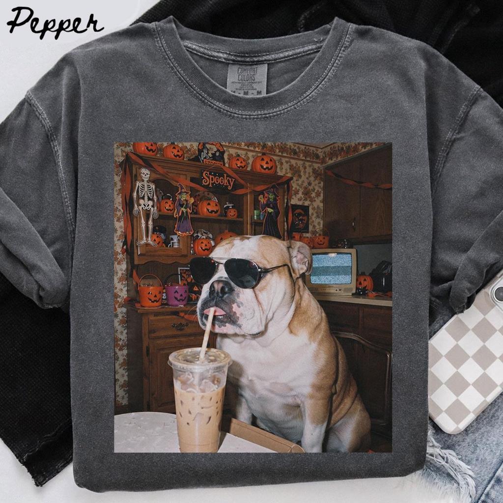 English Bulldog Dog Halloween Comfort Colors Shirt, Iced Coffee Dog Mom T-shirt, Funny Mothers Day Gifts, Dog Mama Tee, Trendy Pet Tshirt
