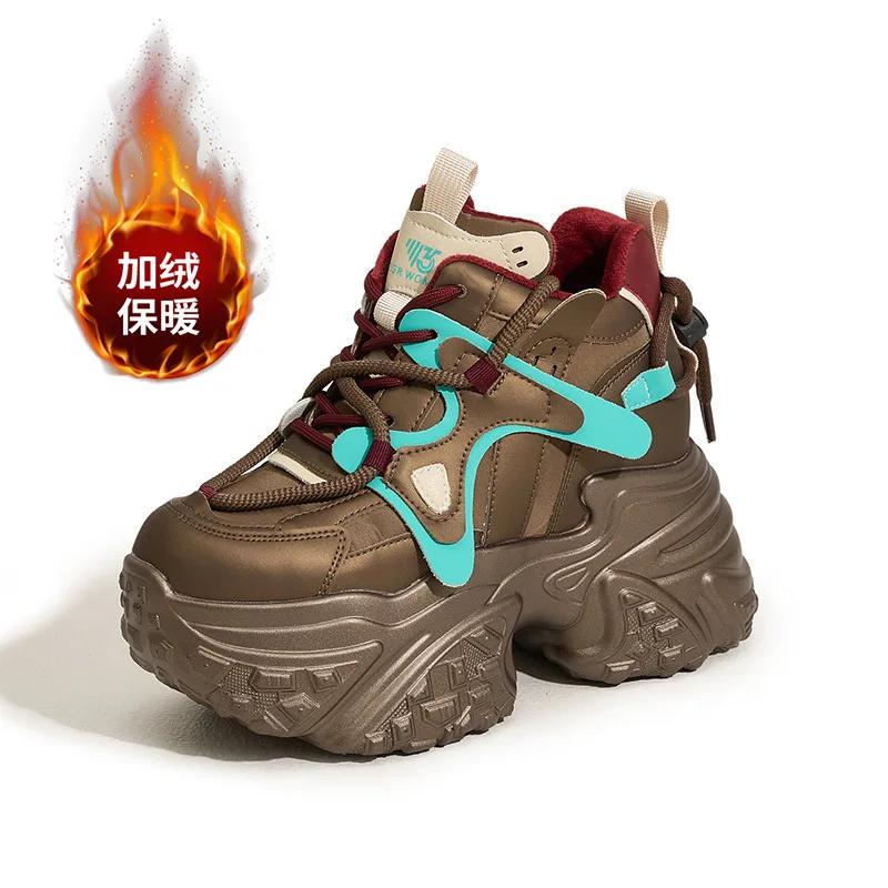 Fashion 9CM Retro Thick Sole Women Shoes Winter Warm Velvet Outdoor Vulcanized Shoes Woman High Platforms Heighten Sneakers