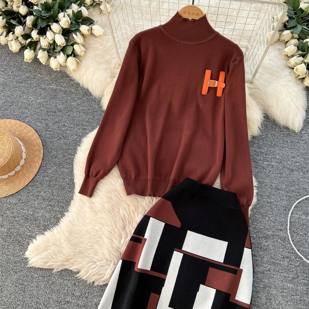 Høst Vinter Kvinner Elegant Strikket Genser Kontor Todelt Sett Ståkrage Pullover Topper og Lang Maxi Skjørt Dress
