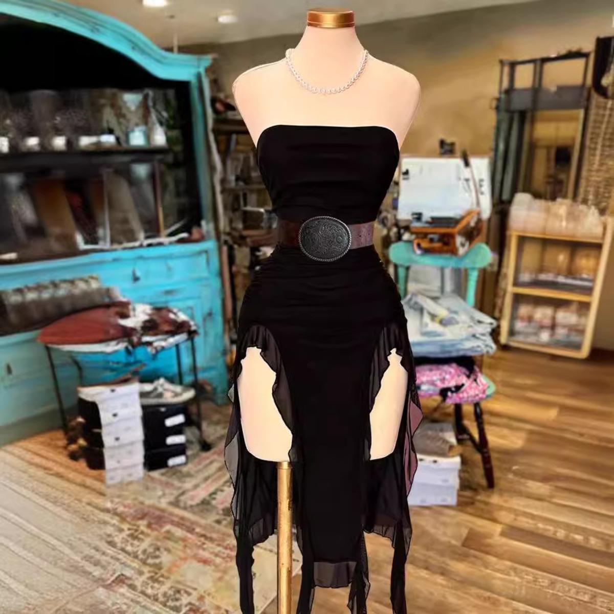 Women s Strapless Sleeveless Midi Dress Elastic Waist Bodycon Irregular Asymmetrical Dress S чёрный