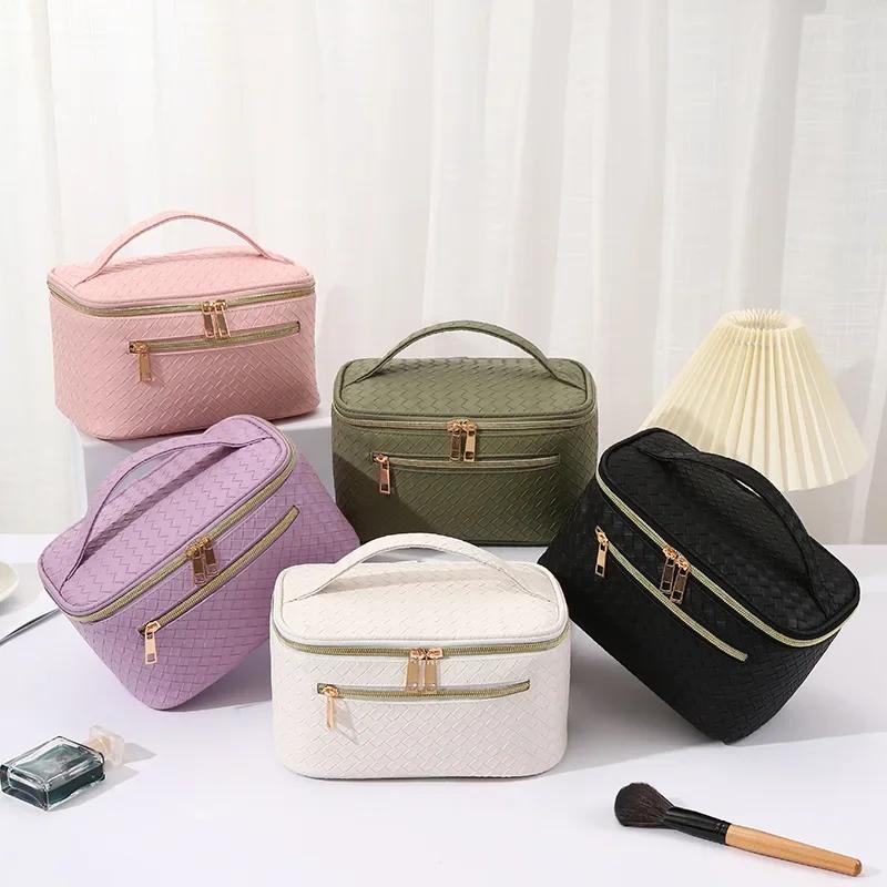 Organizadores de Maquillaje de Gran Capacidad Bolsa de Cosméticos de Cuero PU Organizador de Artículos de Aseo para Mujer Impermeable Estuche de Maquillaje de Almacenamiento a Cuadros Femenino