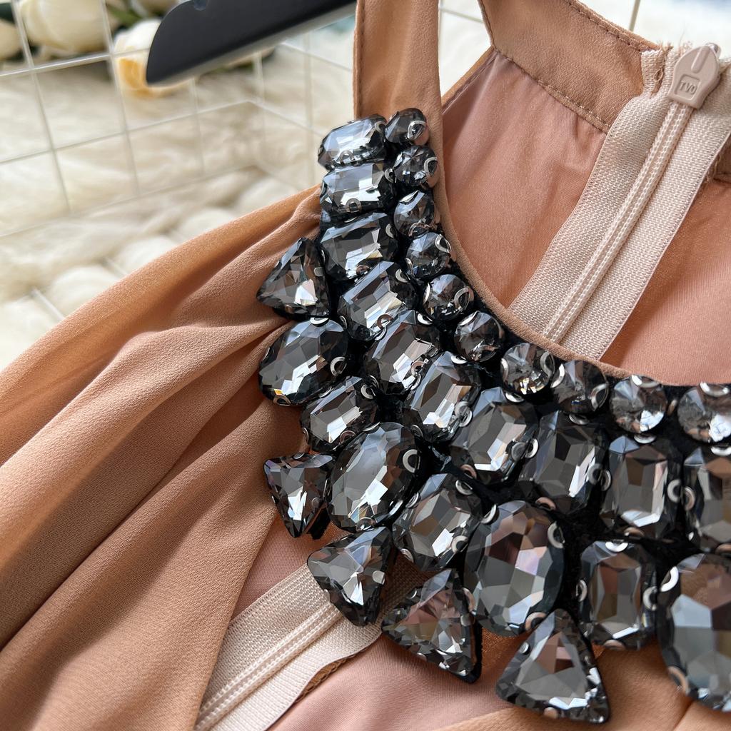 Été Femmes Luxe Diamants Sans Manches Uni Mousseline Vacances Plage Long Maxi Grande Évasée Débardeurs