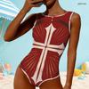 Women Plus Size High Round Neck Sleeveless Printed One Piece Swimsuit Red Blue White
