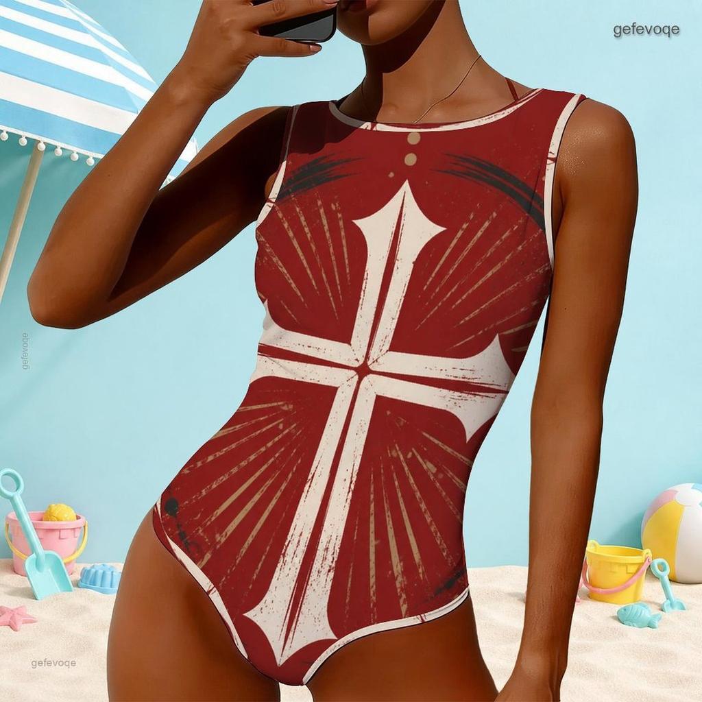 Women Plus Size High Round Neck Sleeveless Printed One Piece Swimsuit Red Blue White