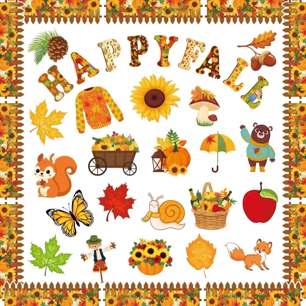 Autumn Cardboard Leaves Squirrel Pumpkin Background Wall Bulletin Board Decorated Thanksgiving Wall Stickers Wall Decoration