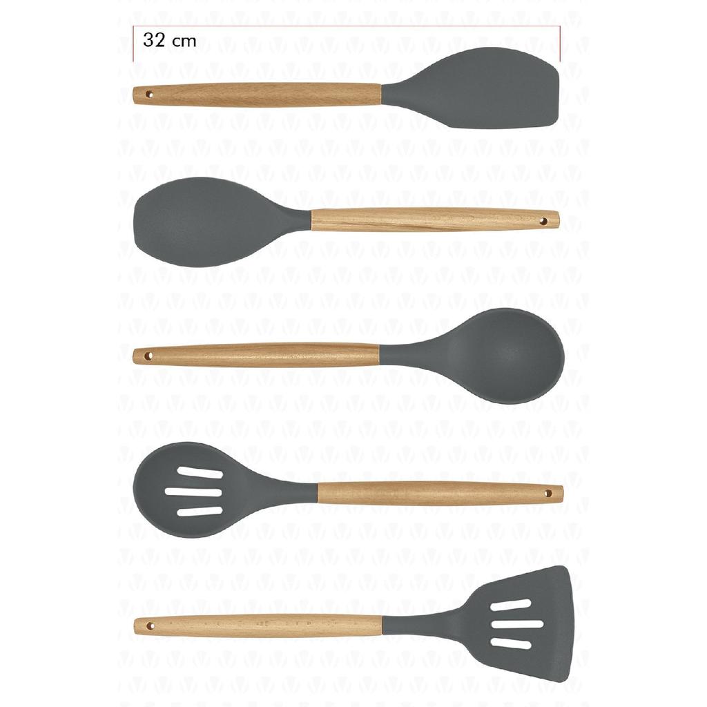 Lingo 5-teiliges Küchen- und Kochutensilien-Set aus Silikon mit Bambusgriff, Grau