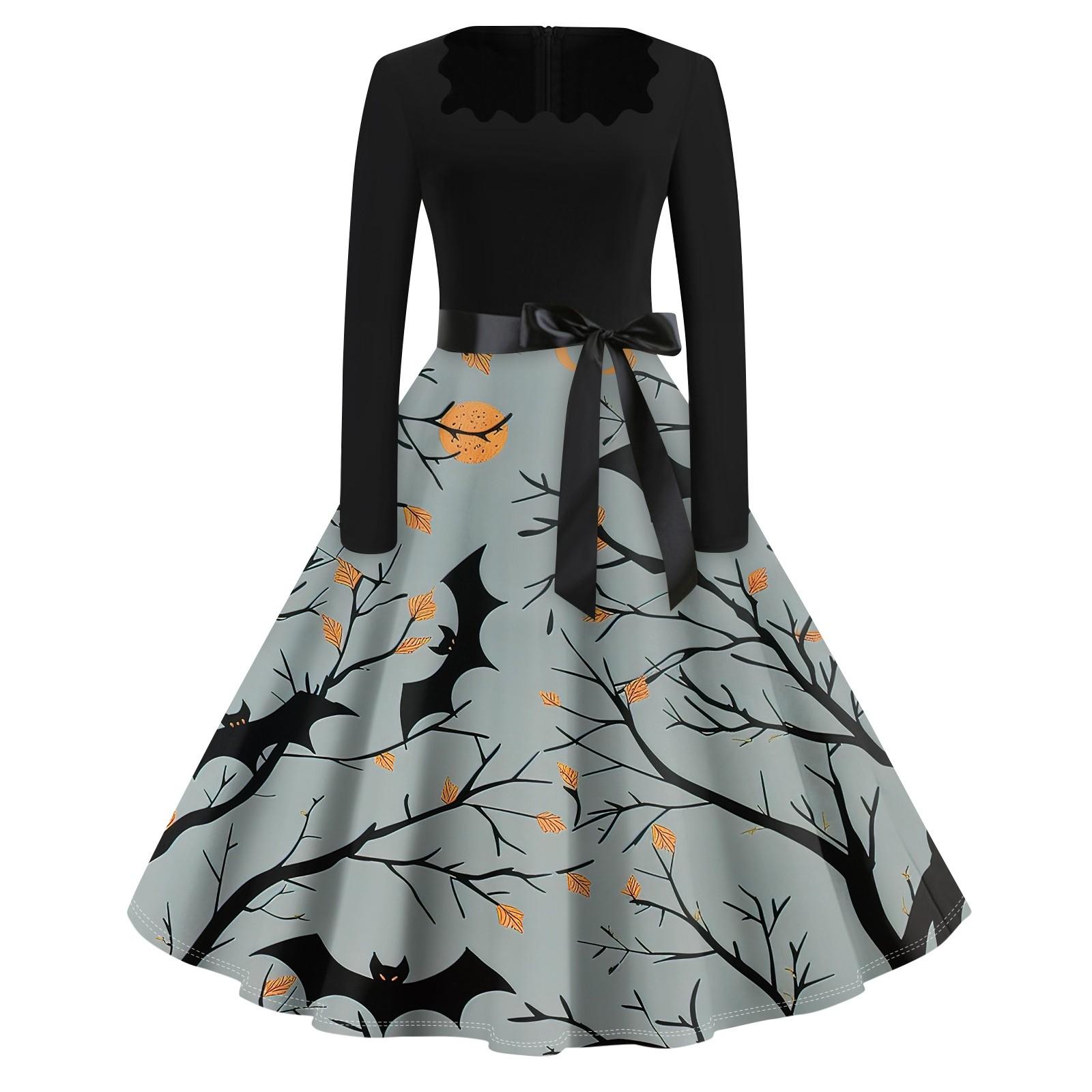 

Платье с расклешенным принтом на Хэллоуин для женщин, платье с длинным рукавом, полые вечерние повседневные платья L