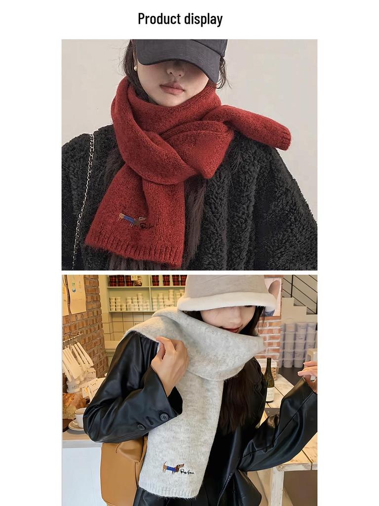 Korean Style Thickened Winter Puppy Embroidery Scarf - Warm, Versatile, Windproof Shawl for Women