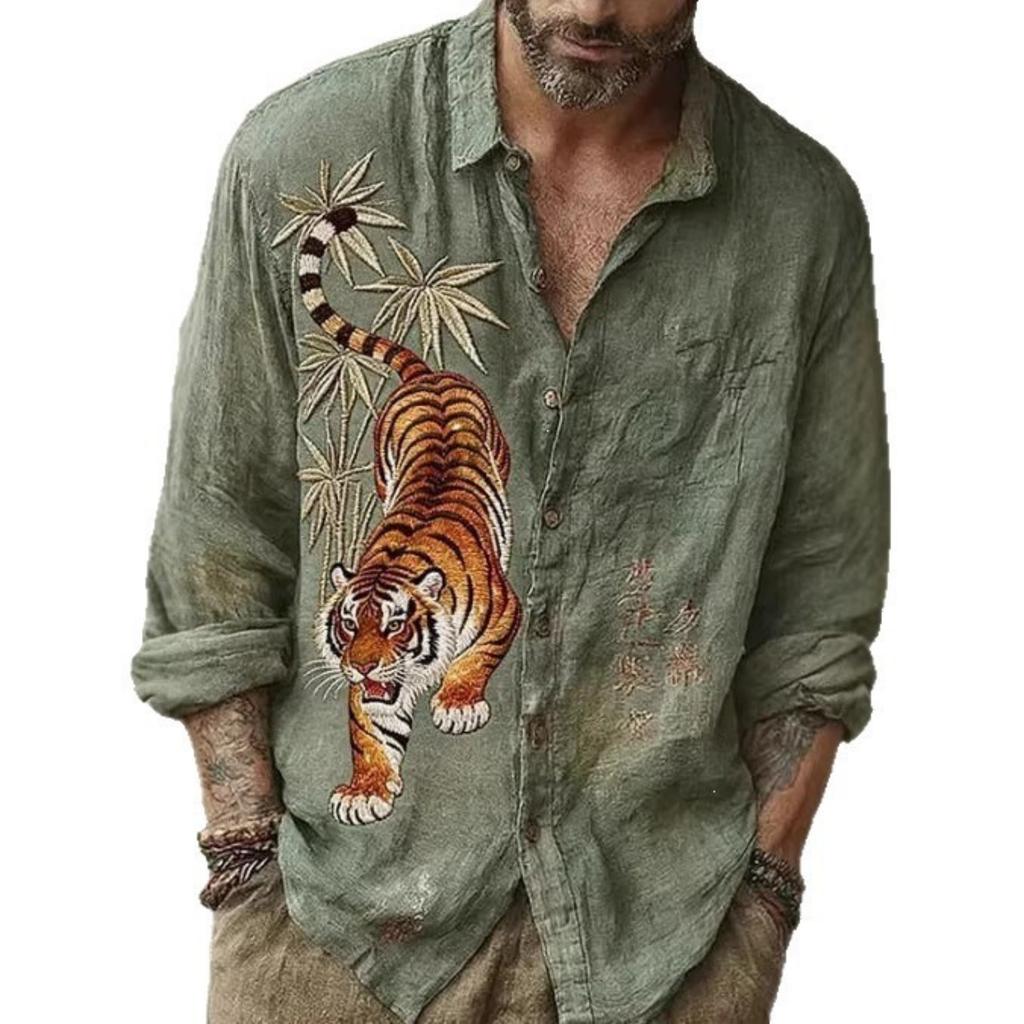 Camicia da uomo a maniche lunghe con ricamo floreale, colletto alla coreana, essenziale casual