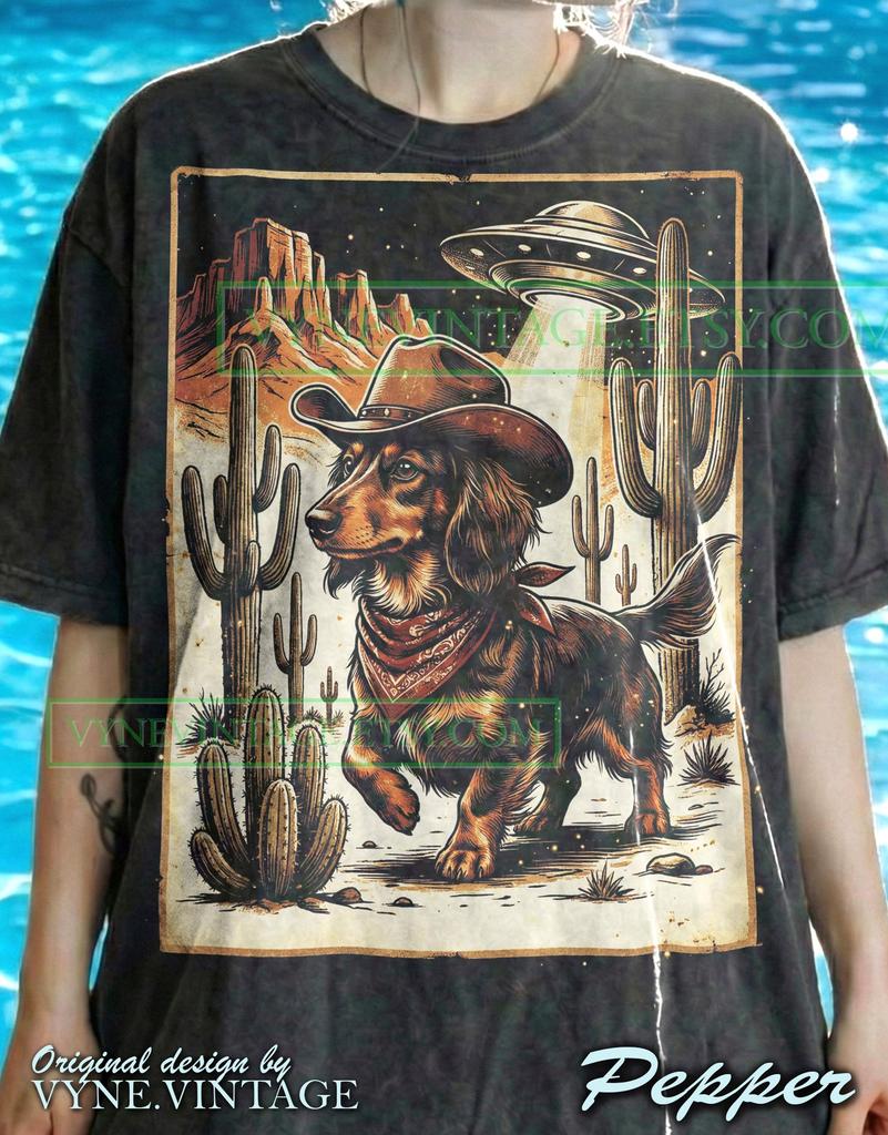 Vintage Dachshund Cowboy Ufo Comfort Colors® Tshirt, 90S Graphic Tees, Retro Wiener Dog Alien Sweater, Desert Sci-Fi Tanktop, Gift