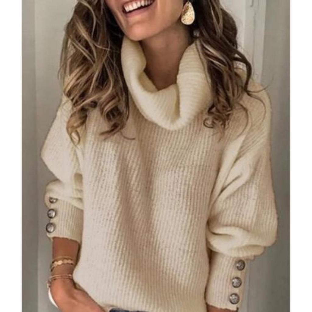 Women's Turtleneck Ribbed Knit Sweater Long Sleeve Button Cuff Loose Casual Solid Color Pullover Top