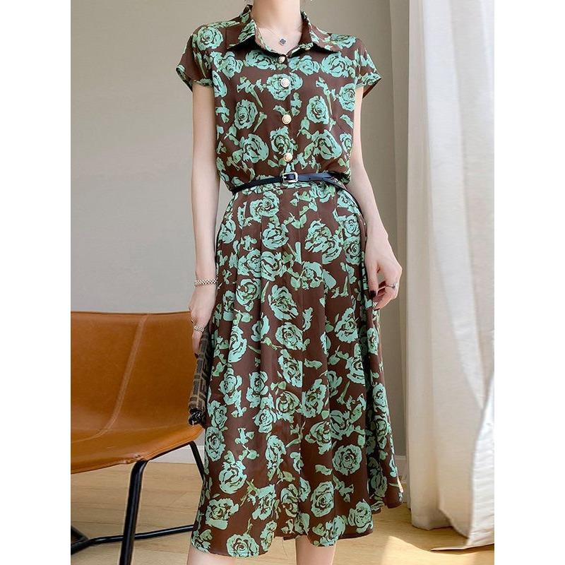 

Платье-рубашка поло с французским воротником и короткими рукавами для женщин, с цветочным принтом цвета чернил, приталенного кроя и юбкой с большим подолом, из ацетатного шелка, миди-юбка XL зелёный