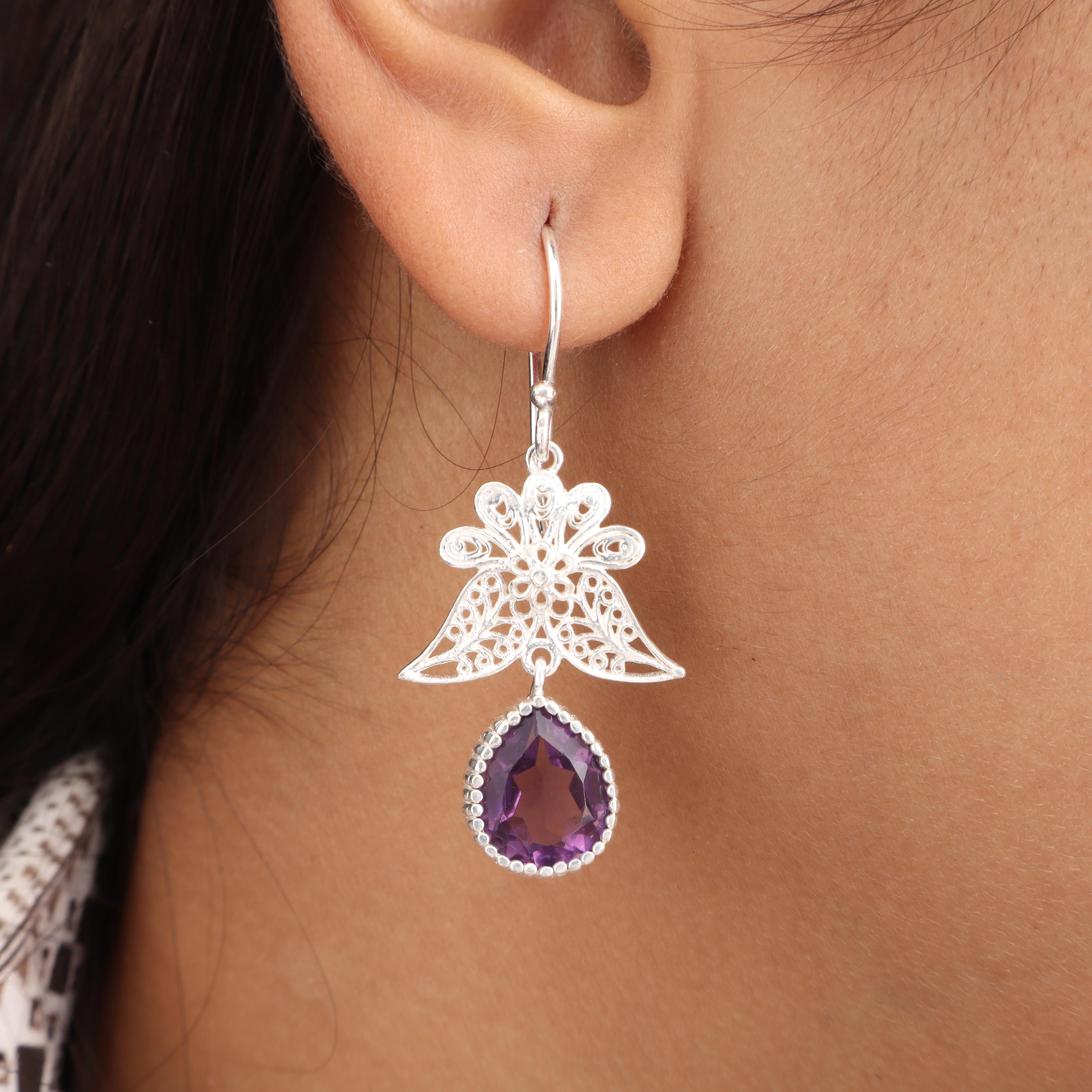 

Amethyst Gemstone 925 Sterling Silver Handcrafted Jewelry Dangle Earrings 1.84 Gift For Women CE-23-6