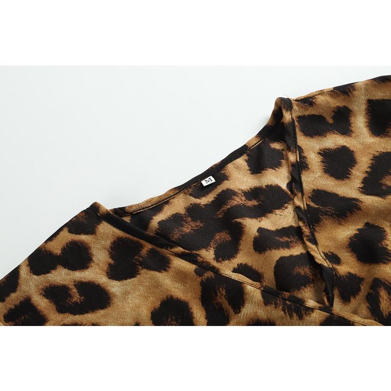 Dámské jarní a podzimní šaty s leopardím potiskem, výstřihem do V, dlouhým rukávem a zavazováním