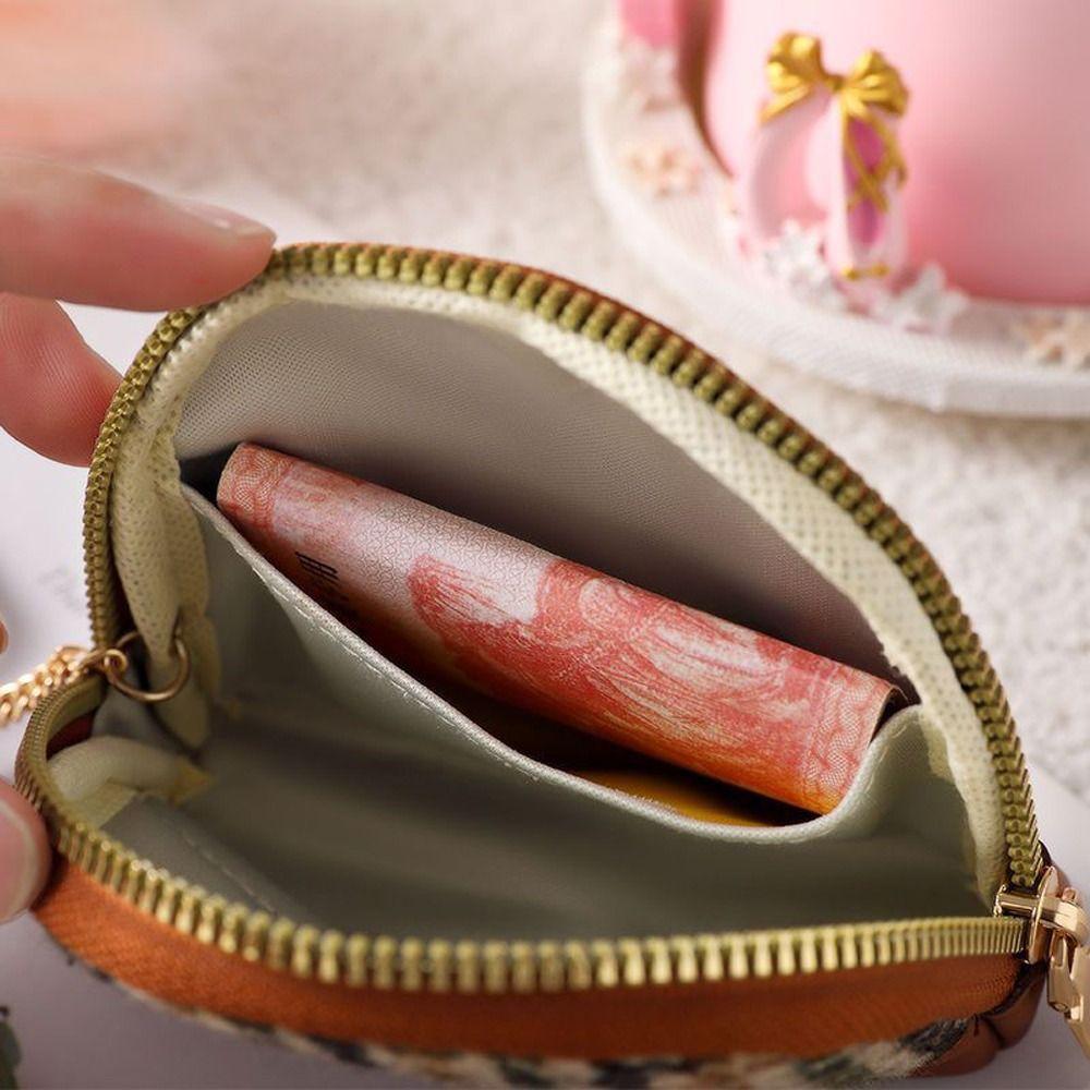With Key Chain Canvas Mini Double Layers Zipper Card Holders Leather Bag Women Coin Purse Wallet