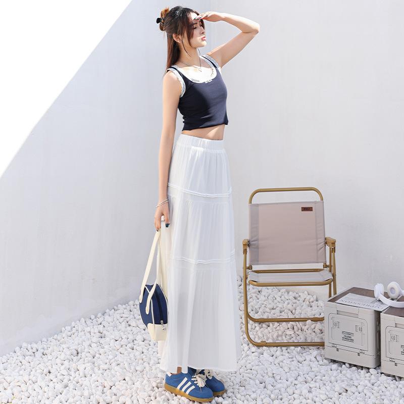Weißer Sanfter Stil Süßer Rock für Damen im Frühling und Sommer Hoher Bund Schlank und Vielseitig Langer Rock Kleiner Kuchenrock