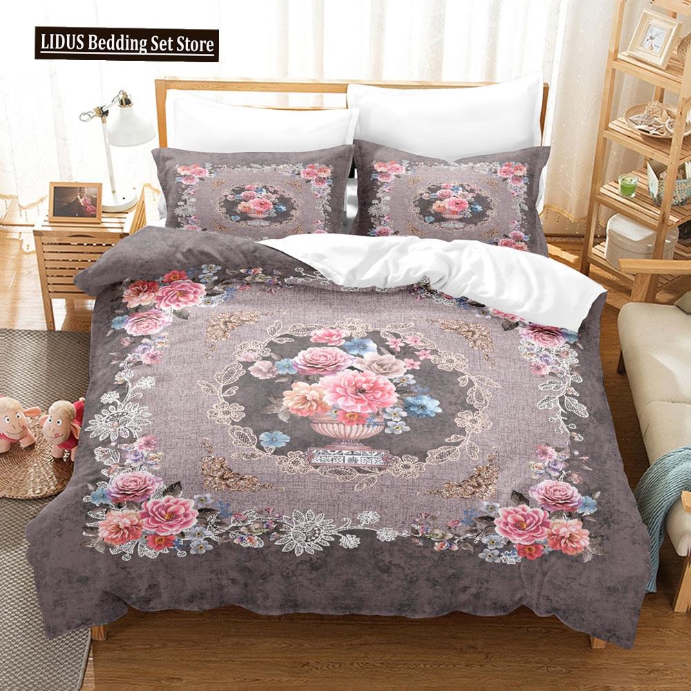 Flower Duvet Cover Set Colourful Flower 3D Print King Queen Full Size Polyester Comforter Cover With Pillowcases For Girl Kid