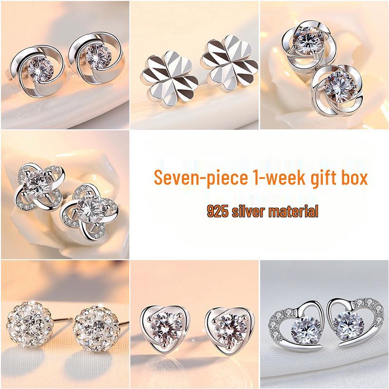 925 Silber Nadel Klee Ohrringe Set - Schlichte Kollektion für die ganze Woche, Perfektes Geburtstags- oder Weihnachtsgeschenk für die Freundin