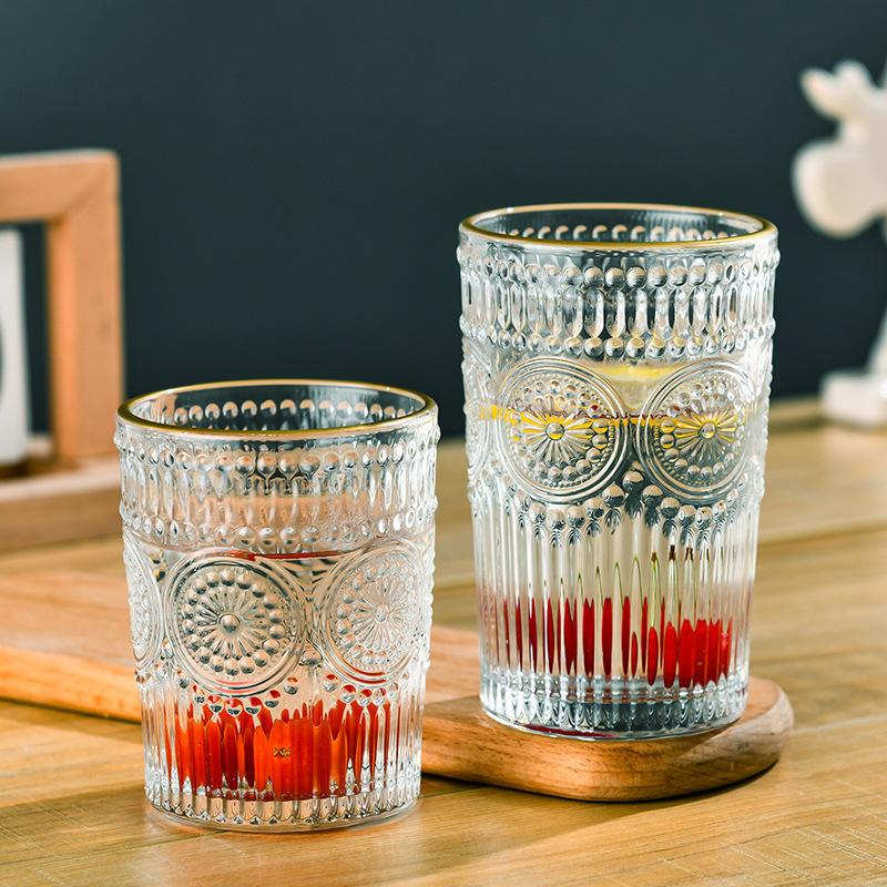 300ml/350ml Exquisite Whiskey Glass Sunflower Patterned Cocktail Glass Nordic Style Water Cup Golden Edged Glass Cup Coffee Mug