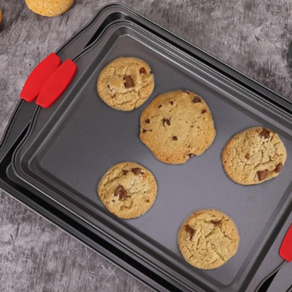3 Pieces Rectangular Cooking Tray Red Silicone Handles Nonstick Thickened Carbon Steel
