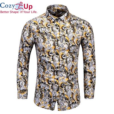 Vintage Geel Bloemenprint Heren Overhemden Luxe Paisley Slim Fit Lange Mouwen Chemise Homme Streetwear Voor