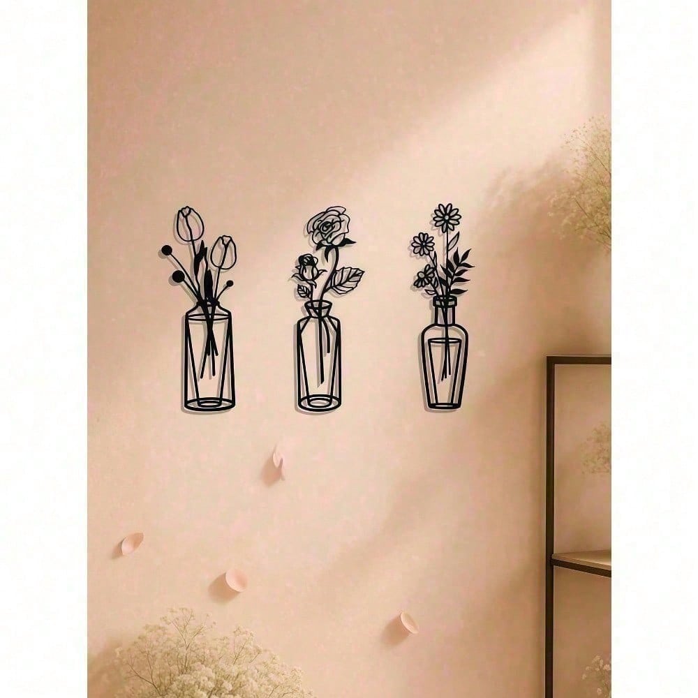 Vase Flower Metal Wall Art Set, Minimalist Floral Line Wall Decor