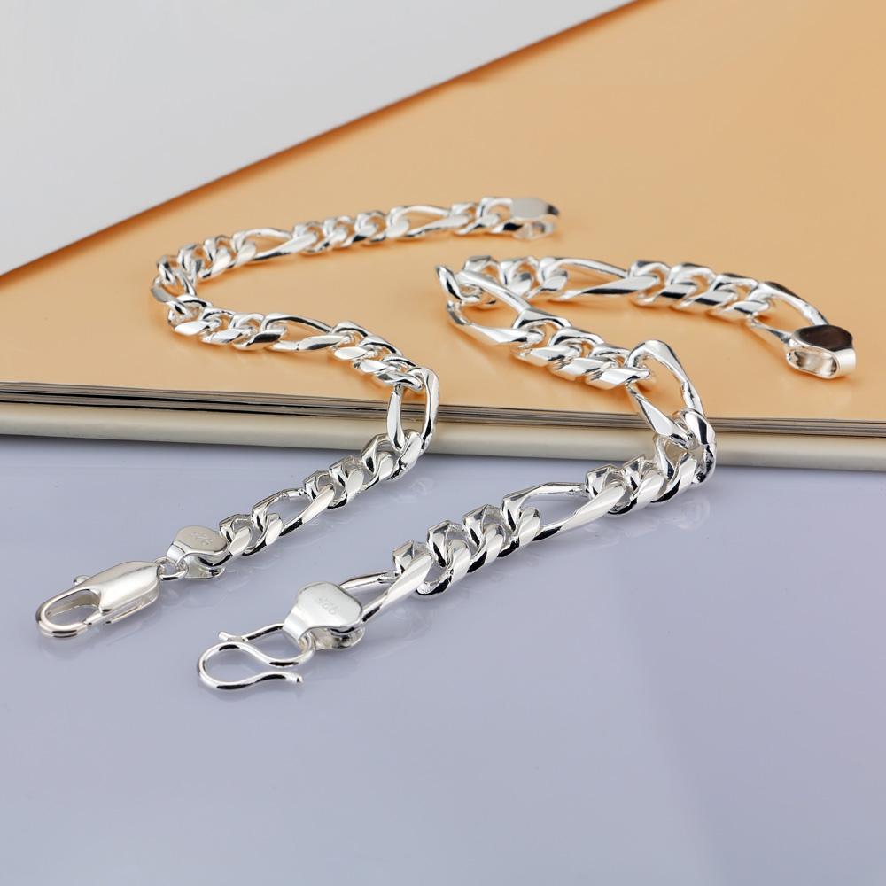 Fashion Men's 100% 925 Sterling Silver Link Chain Bracelet 8 Inches 8/10mm Male Simple Punk Hand Catenary Jewelry