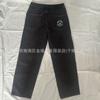 Mens Washed Black Denim Skate Pants With Cartoon Embroidery Slim Straight Fit Mid-Rise Stretch Cotton Streetwear