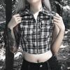 Women Check Waistcoat Punk Vest Tank Crop Top Chain Gothic Sleeveless Shirt