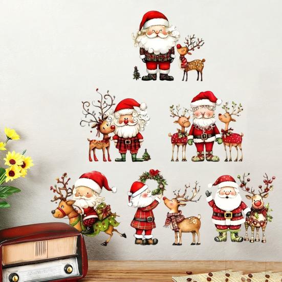 Indoor Christmas Scene Wall Stickers, Watercolor Santa Claus Reindeer Decals, Self-Adhesive Festive Decorations Stickers for Living Room Bedroom