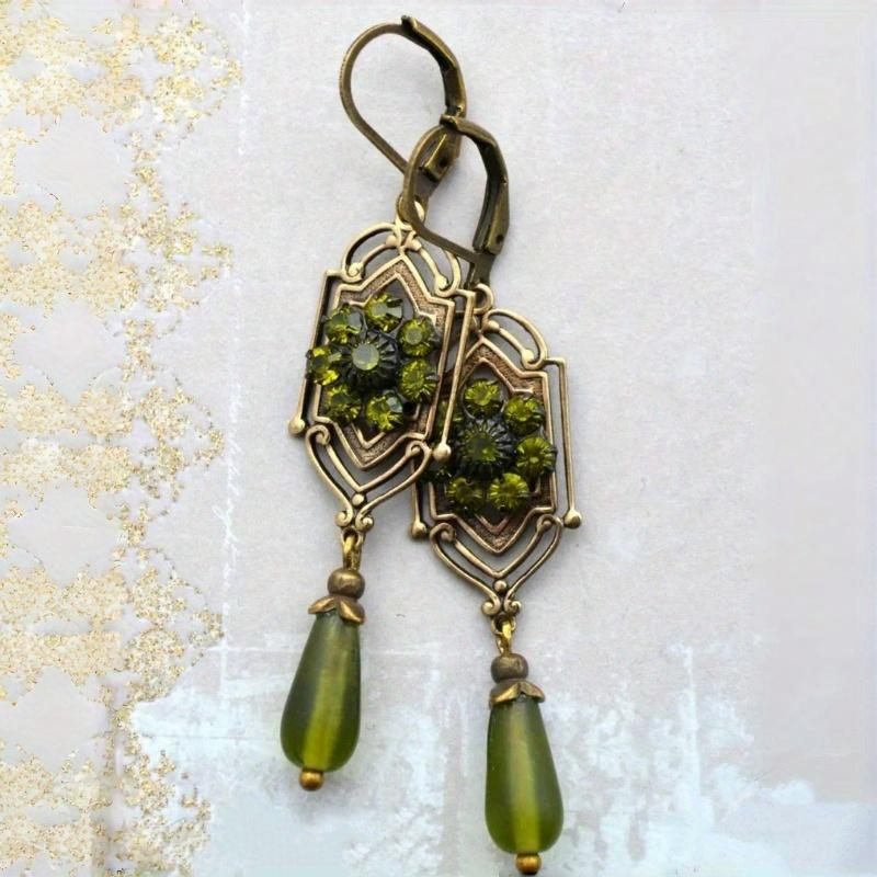 Art Nouveau Decorative Earrings Green Zirconia Antique Gold Color Boho Style for Daily Occasion Party