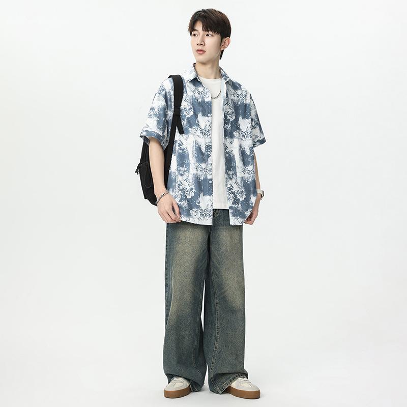 Men's Blue White Abstract Print Short Sleeve Shirt - Oversized Casual Streetwear Summer Button Up