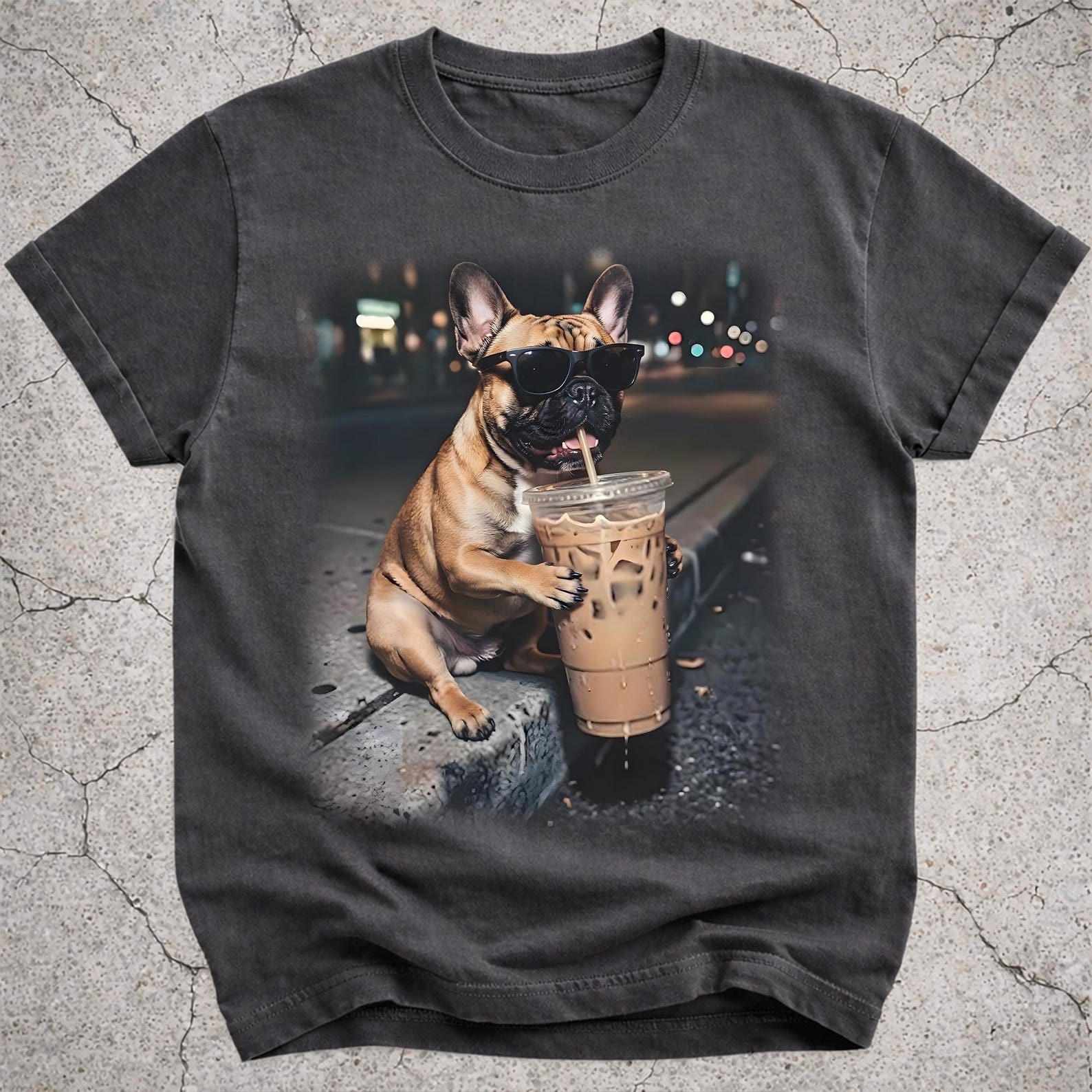 French Bulldog Iced Coffee Shirt, Funny Frenchie Dog Meme Tee, Coffee Lover Gift, Frenchie Owner Vintage Graphic T-Shirt XL