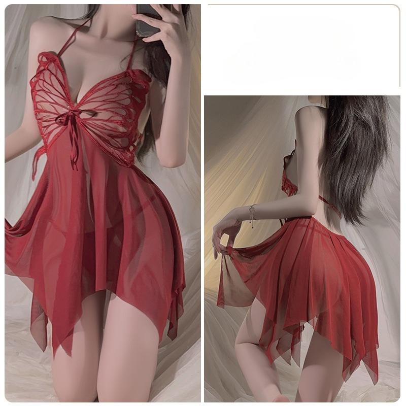 Large Size Women’s Sweet Sleep Dress with Thong Sexy Sheer Mesh Lingerie Nightdress with Butterfly Design