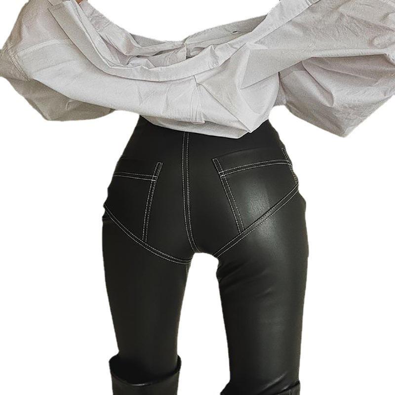 Trendy Women's PU Leather High Waist Patchwork Butt-Lifting Stretchy Pants