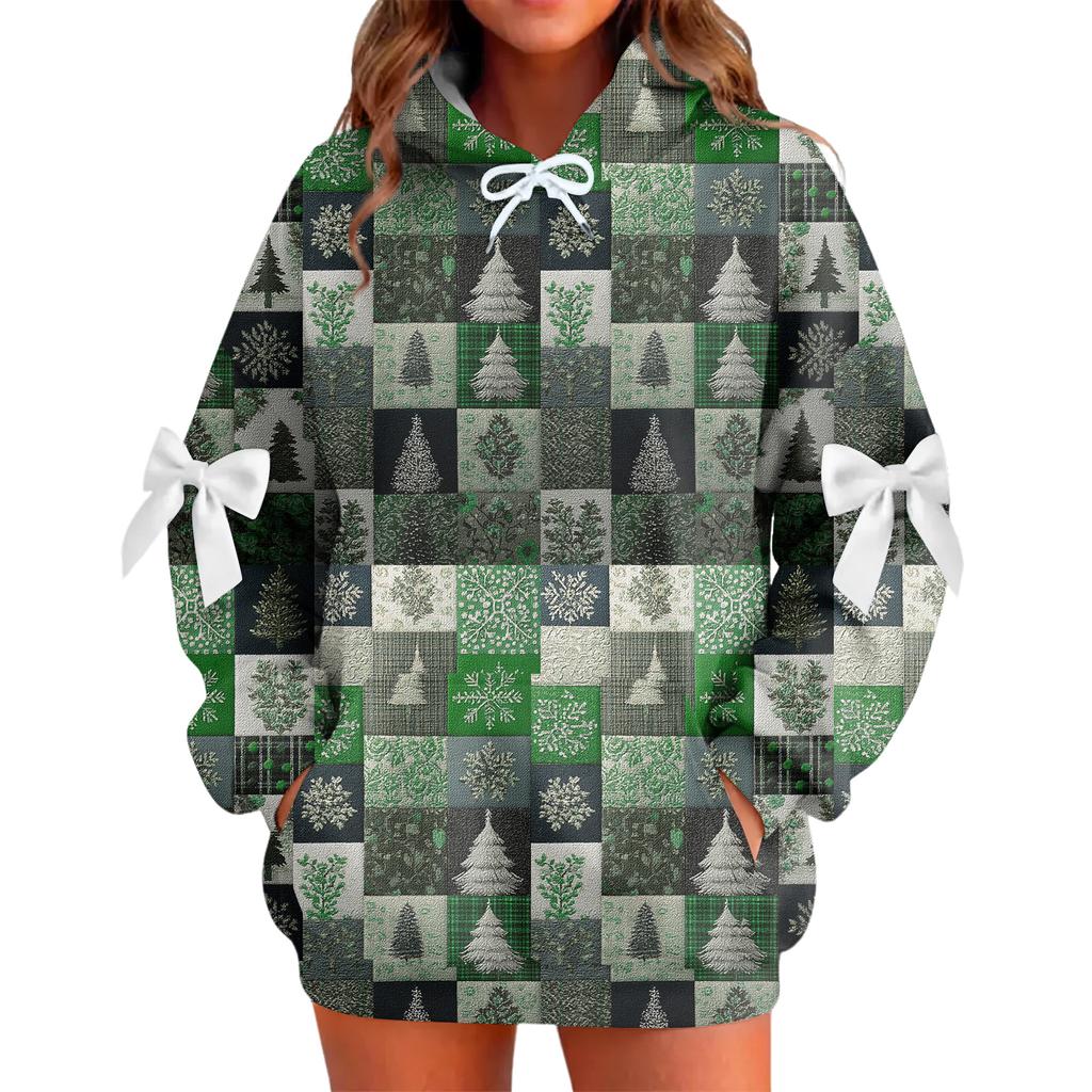 Ladies' Christmas Printed Bow Long Sleeved Loose Fitting Headband With Rope Hooded Sweatshirt Top