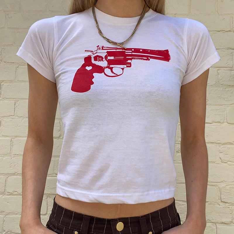 European, American English slogans Printed sexy exposed navel short T-shirt fashionable round neck slim slim top women's multi-picture